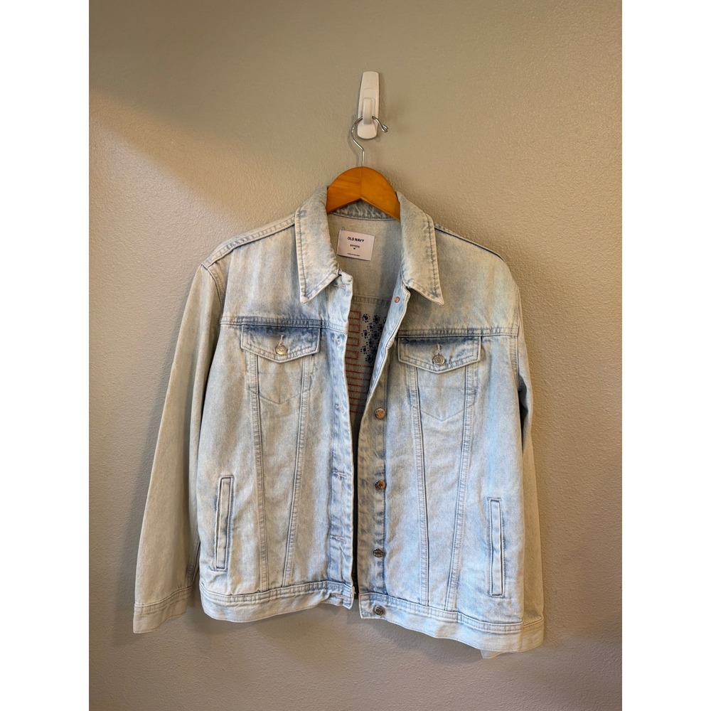 Old Navy Denim Jacket Womens Med Light Wash American Flag Boyfriend Fit NEW